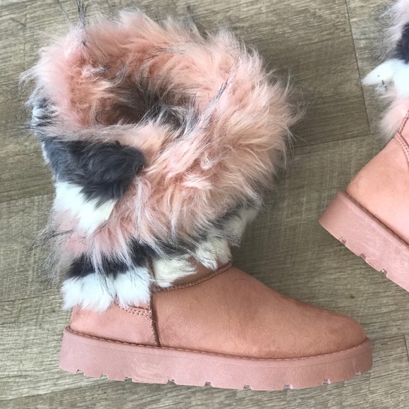 Pink Faux Fur Mid Calf Cozy Winter Flat Boots - Picture 4 of 8